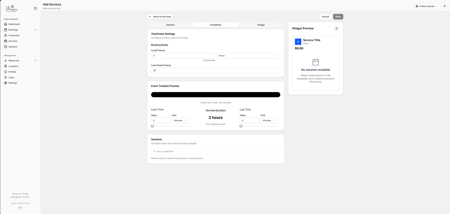 Service creation form - availability tab with scheduling rules
